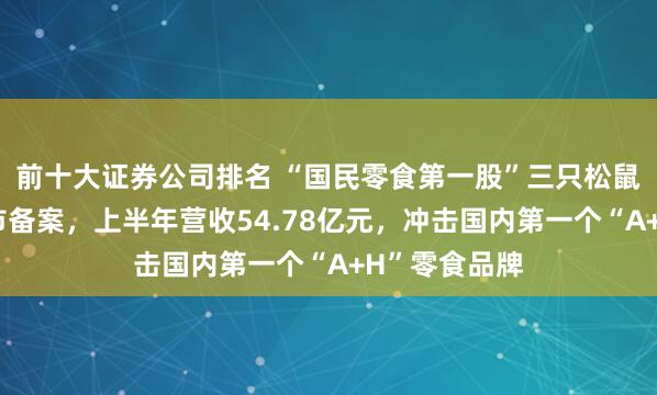 前十大证券公司排名 “国民零食第一股”三只松鼠完成港股上市备案，上半年营收54.78亿元，冲击国内第一个“A+H”零食品牌